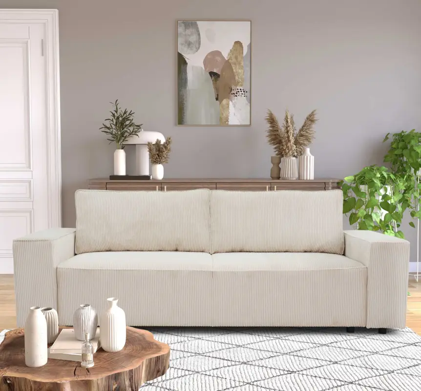 3-zitsbank Josh - 239x86x85cm - met opbergruimte - beige ribfluweel Gereduceerde Prijs