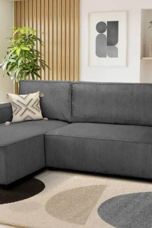 Merkproduct Hoekbank Josh links - met opbergruimte - antraciet ribfluweel