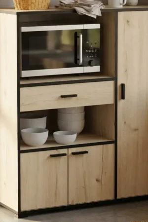Microgolfkast Zira - 90x40x107cm - 3 deuren & 1 lade - eikdecor/zwart Voordeelprijs