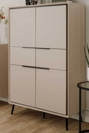 Lage Kosten Buffetkast Auryn - 90x38x140cm - 4 deuren & 2 lades - zand/zwart