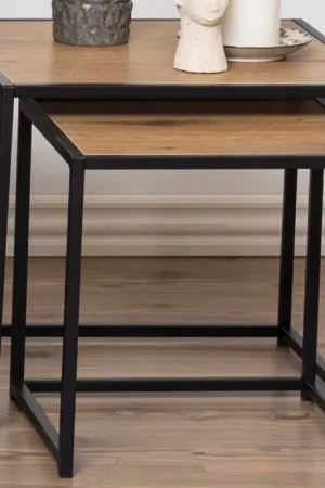 Speciale Aanbieding Seaford Eiken Nesting Tables Set, Zwart Stalen Onderstel, 50cm