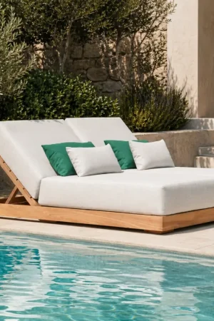 Laatste Kans Dubbel ligbed Kostas Gescova - Teakhout en olefin - 160x200x33cm - Bruin/Ecru