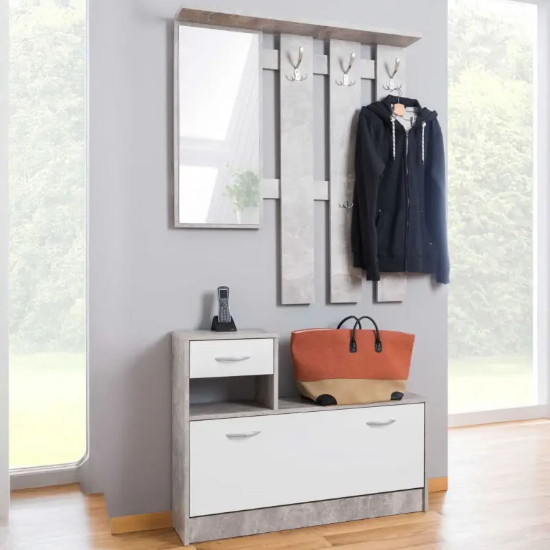 Op = Op Vestiaire Rudolf (kapstok, spiegel & schoenenkast) - beton/wit