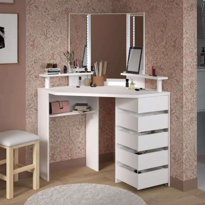 Hoek kaptafel Volage met verlichting - wit Speciale Aanbieding