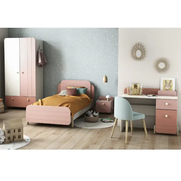 Kinderkamer Janne: bed 90x200cm, nachtkastje, kleerkast, bureau - roze/wit Flitsaanbieding