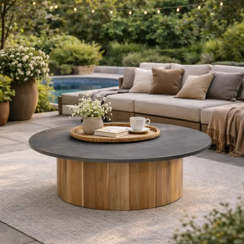 Salontafel Viola Gescova - Teakhout & Sintered Stone - Ø80x32 cm - Bruin/Grijs Favoriet