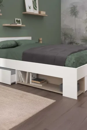 Tweepersoonsbed Sueno 140x200cm met opbergruimte - wit/eikdecor Beperkt Aanbod