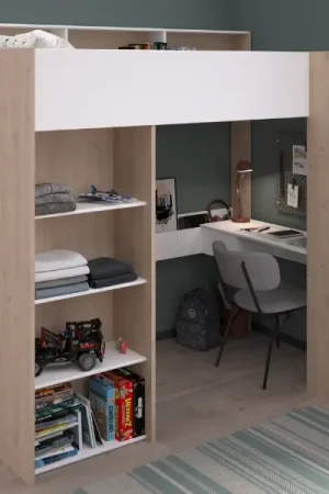 Aanbieding Hoogslaper Shelby 90x200cm met bureau - wit/eik