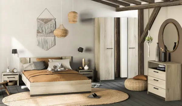 Koop Vandaag Slaapkamerset Waylon | Tweepersoonsbed, nachtkastje, kledingkast, commode | Waterford Oak-design