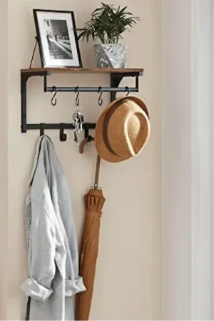 Wandkapstokplank met 8 haken, ophangstang, Vintage Bruin-Zwart Express Levering