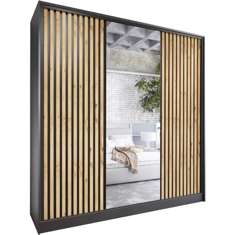 Schuifkast met spiegel LIPI A 180 zwart / wotan eik Dagaanbieding