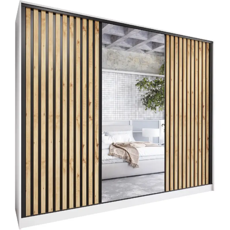Schuifkast met spiegel en lades LIPI D 270 wit / eik wotan / zwart Speciale Aanbieding