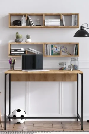 SET 2x Wandplank PENNY 20x100 cm + bureau 74x100 cm bruin/zwart Gereduceerde Prijs