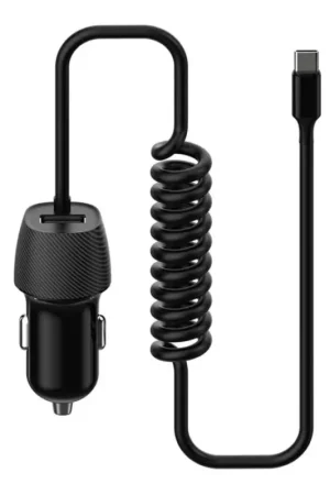 Auto Oplader 1xUSB 5V/1A + USB-C verbinding 150 cm zwart Laatste Versie
