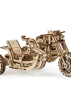 Goedkoop Ugears - 3D houten mechanische puzzel Scrambler-motorfiets met kar