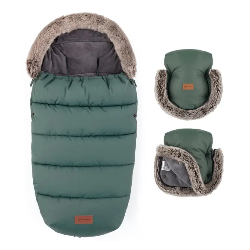 PETITE&MARS - SET Babyvoetenzak 4-in-1 COMFY + FURRY Khaki handmoffen voor kinderwagen Favoriet