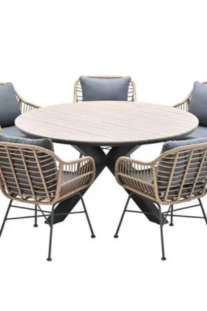 Margriet tuinset 6-delig bruin met Edison tuintafel rond 148 cm light teak vironwood Speciale Aanbieding