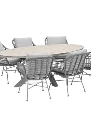 Speciale Aanbieding Margriet tuinset 7-delig valley sand met Edison tuintafel ovaal 220x115 cm light teak vironwood
