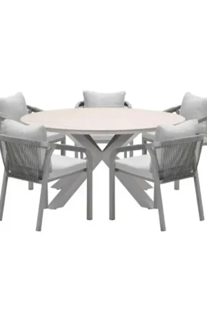 Premium Monti tuinset 6-delig dakar sand met Edison tuintafel rond 148 cm light teak vironwood
