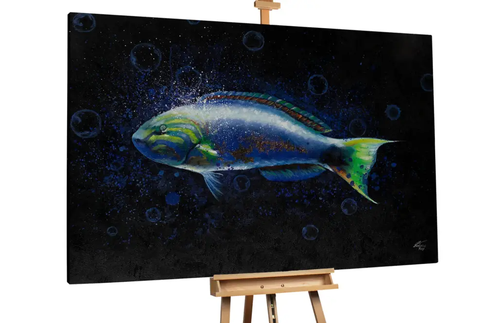 Hete Deal XXL Olieverf schilderijen 'Blue Fish Life' | Handgeschilderd unicum