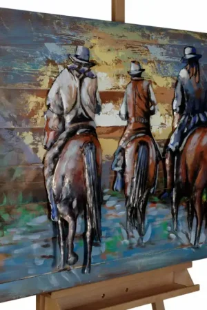 Aanbieding Houten schilderij 'Cowboys Ride at Sunset' 100x75x6cm