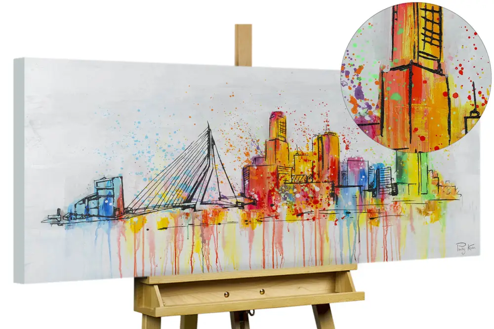 Handgeschilderd schilderij 'Rotterdam Skyline Silhouette' 120x60cm | incl. certificaat van echtheid Premium