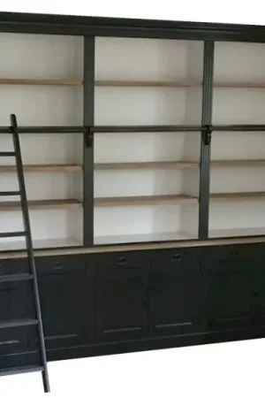 Korting Boekenkast antraciet met eiken schappen en trap 300 x 240cm