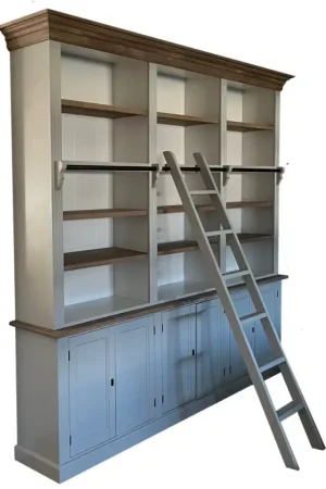 Boekenkast Borculo witgrijs met eiken lijsten en trap 260 x 240cm Nieuw
