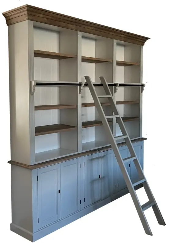 Boekenkast Borculo witgrijs met eiken lijsten en trap 260 x 240cm Nieuw