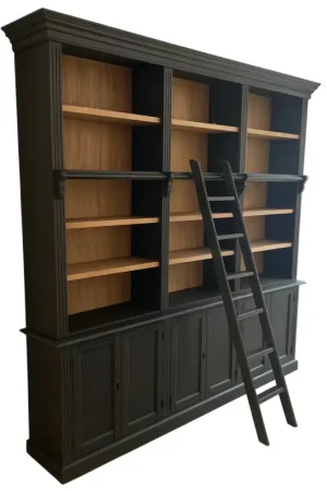 Boekenkast Borculo zwart met eiken lijsten en trap 260 x 240cm Gereduceerde Prijs