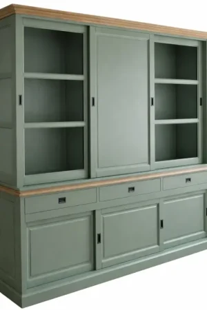 Weekendaanbieding Buffetkast Deurne Engels groen 240cm dichte middendeur en eiken lijsten