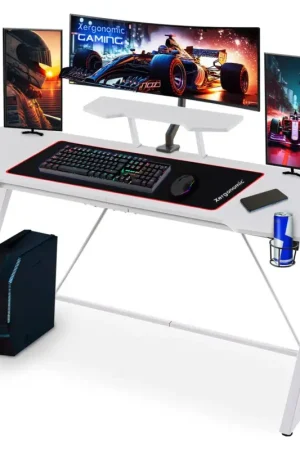 Betaalbaar Xergonomic Morpheus SubzeroGame bureau - Gaming desk - Game tafel met koptelefoonhouder, bekerhouder & monitorstandaard - Carbon Fiber Coated Toplaag - D58xB160xH74,5-92 cm - Wit