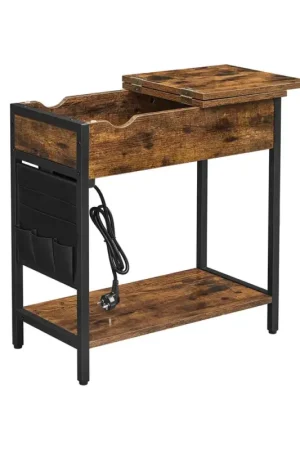 Lage Prijs Nancy's Whiston Bijzettafel Met Stopcontacten- Zwart - Bruin - Staal - Industrieel - Nachtkastje -60 x 31,5 x 60 cm (L x B x H)