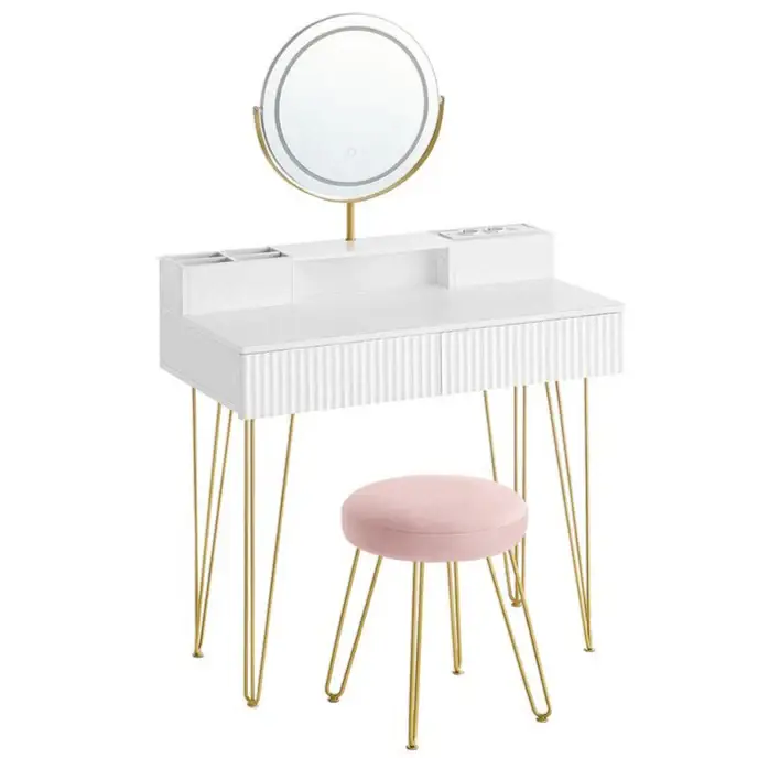 Tijdelijk Beschikbaar Nancy's Peso Kaptafel met Hocker - Make Up Tafel met Spiegel -Make Up Verlichting - Wit / Goud - ± 40 x 80 x 135 cm