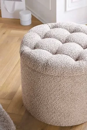 Betrouwbaar Ronde Barkruk Modern Barok 50cm Champagne Bouclé met Opbergruimte - 45066