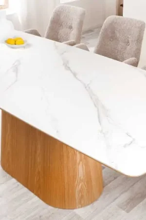 Design Eettafel Uniek 200cm Eikenhouten Voestuk met Keramische Marmeren Afwerking - 45142 Nu Kopen