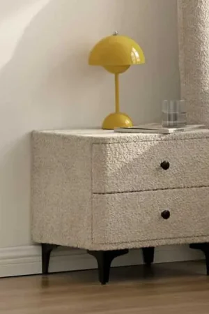 Modern Art Deco Nachtkastje 45cm Grijs Bouclé met Zwarte Metalen Lades - 45333 Direct Beschikbaar