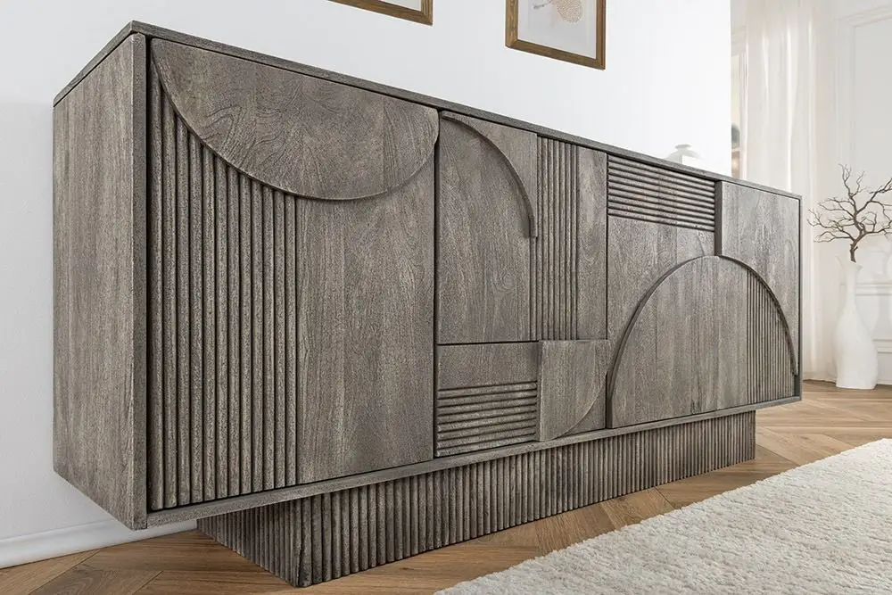 Design Dressoir Art Deco 170cm Grijs Gerookt Massief Mangohout 3D-Front - 45480 Alleen Vandaag